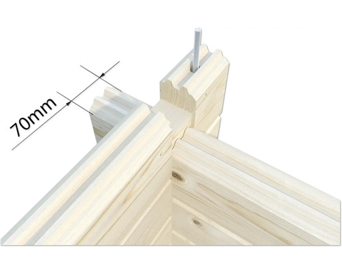Detailansicht einer Ecke eines Blockbohlenhauses mit Maßangabe 70 mm und Bolzen