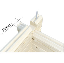 Detailaufnahme einer Holzkonstruktion mit einer Maßangabe von 70 Millimeter.