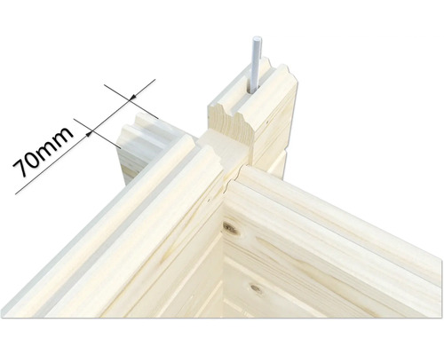 Detailansicht einer Blockhausecke mit Maßangabe 70 Millimeter