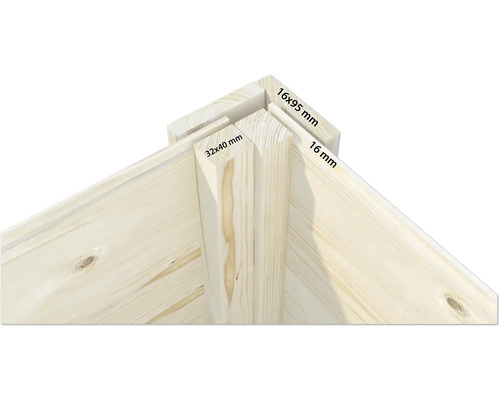 Eckverbindung aus Holz mit den Maßen 16 x 95 Millimeter und 32 x 40 Millimeter