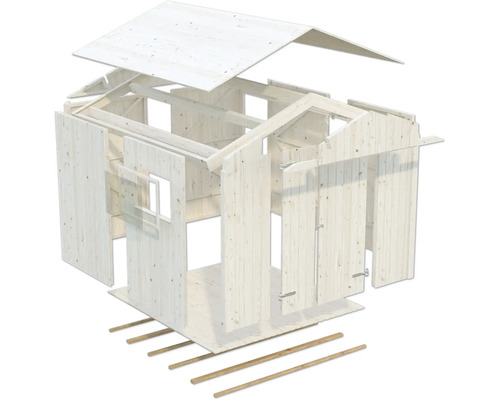 Explosionsdarstellung eines Gartenhauses aus Holz