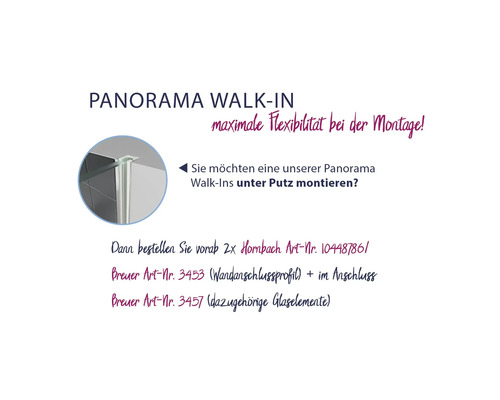 Panorama Walk-In mit Informationen zu maximaler Flexibilität bei der Montage