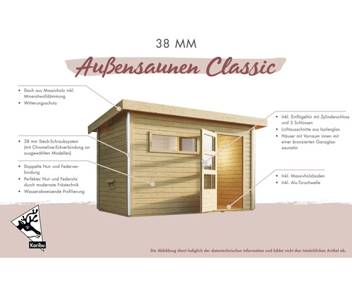 Außensauna Classic mit Massivholzdach, Mineralwolldämmung, Steckschraubsystem, Nut- und Federverbindung, einflügeliger Tür mit Zylinderschloss, Isolierglas, Massivholzboden und Aluminium Türschwelle