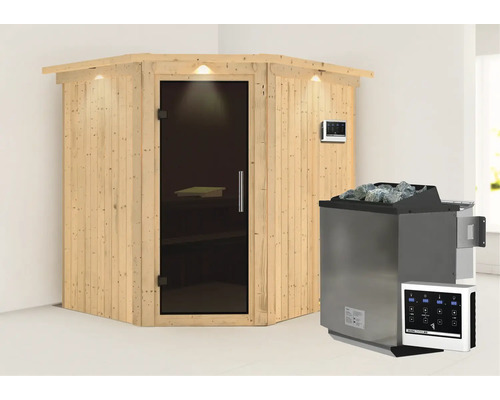 Holzsauna mit Glastür, Steuergerät und Saunaofen