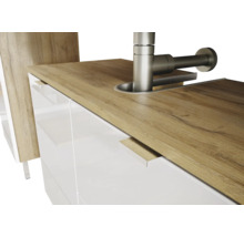 Waschtischunterschrank mit Holzplatte und Armatur
