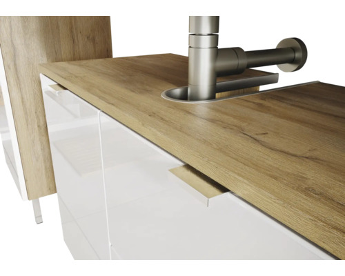 Waschtischunterschrank mit Holzplatte und Armatur