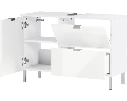 Waschbeckenunterschrank mit offener Tür und zwei Klappen