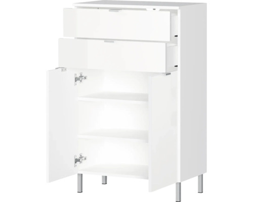 Weißer Badschrank mit zwei Schubladen, zwei Türen und Regalen