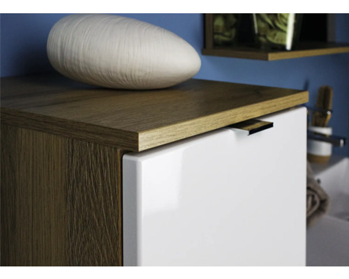 Detailaufnahme eines Badezimmerschranks mit Holzelementen und einem weißen Behälter.