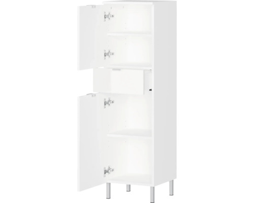 Weißer Badezimmerschrank mit offenen Türen und Regalen.