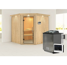 Ecksauna aus Holz mit Glastür, Saunasteuerung und Saunaofen