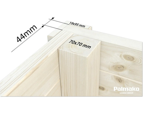 Detailansicht einer Ecke eines Gartenhauses mit Maßangaben zu den Holzbalken: 44 mm, 19 x 95 mm und 70 x 70 mm