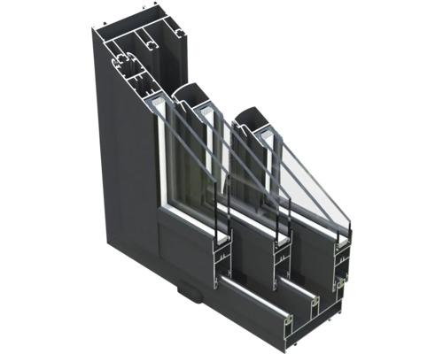 Schnittansicht eines Fensters mit Dreifachverglasung und Aluminiumrahmen