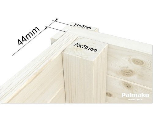 Detailansicht einer Holzecke mit Maßangaben von 44 mm, 19 mal 95 mm und 70 mal 70 mm, Palmako Logo