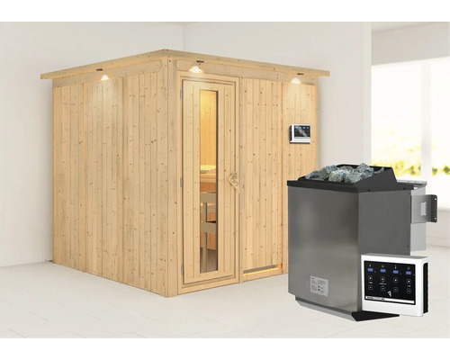 Innenraumsauna aus Holz mit Saunaofen und Steuerung