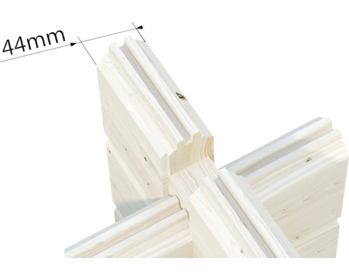 Detailansicht von Holz mit einer Stärke von 44 mm.