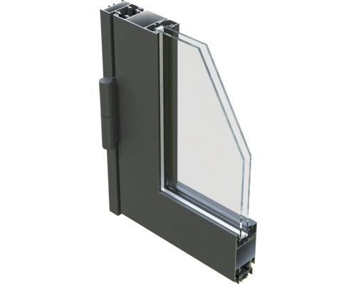 Schnittansicht eines Aluminiumfensters mit Isolierverglasung und Beschlägen