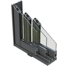 Querschnitt eines grauen Aluminiumfensters mit Dreifachverglasung