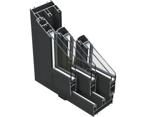 Querschnitt eines schwarzen Aluminiumfensters mit Dreifachverglasung für verbesserte Wärmedämmung