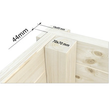Detailaufnahme einer Holzkonstruktion mit Maßangaben zu Holzbalken