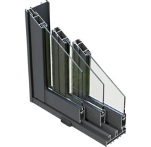 Querschnitt eines Fensters mit Mehrfachverglasung und Rahmen