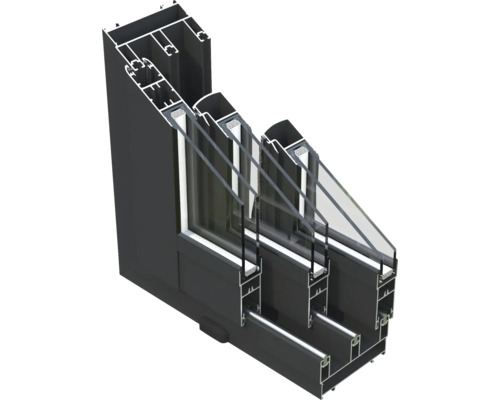 Schnittansicht eines Fensters mit Mehrfachverglasung und Rahmenprofil.