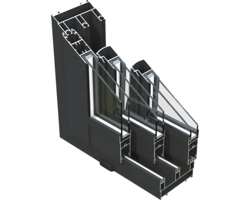 Querschnitt eines schwarzen Aluminiumfensters mit Dreifachverglasung