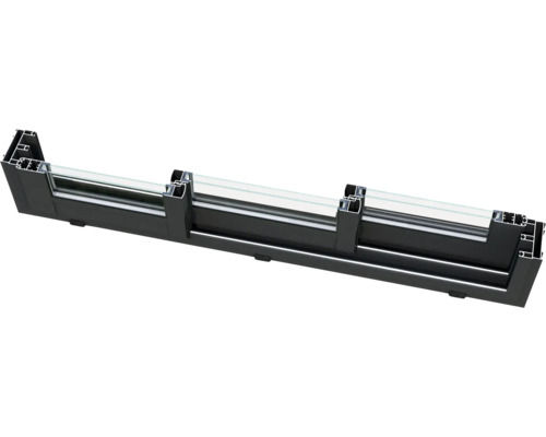 Querschnitt eines schwarzen Fensterrahmens mit Glas