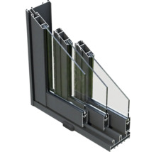 Querschnitt eines Aluminiumfensters mit Dreifachverglasung
