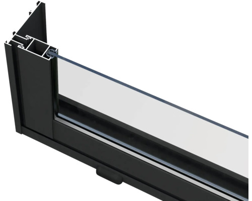 Detailansicht eines schwarzen Aluminiumfensterprofils mit Glas