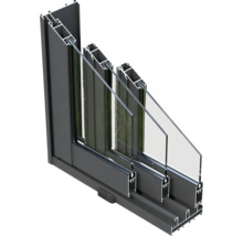 Schnittansicht eines Fensters mit Rahmen und Dreifachverglasung