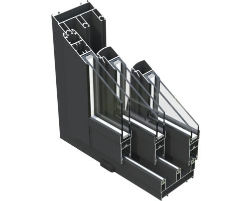 Querschnitt eines Aluminiumfensters mit Dreifachverglasung