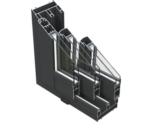 Querschnitt eines Fensterrahmens mit Dreifachverglasung