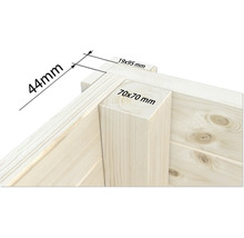 Detailansicht einer Holzkonstruktion mit Maßangaben: 44 mm, 19 x 95 mm, 70 x 70 mm.