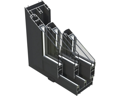 Querschnitt eines Aluminiumfensters mit Dreifachverglasung