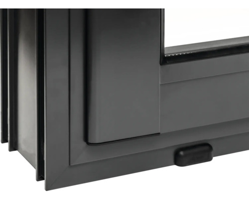 Detailansicht eines grauen Kunststoff-Schiebefensters