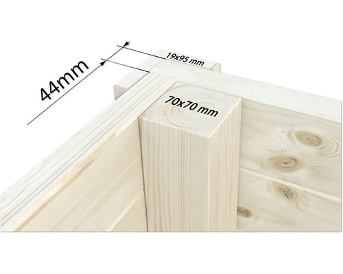Holzkonstruktion mit Maßangaben: 44 mm, 19 x 95 mm und 70 x 70 mm