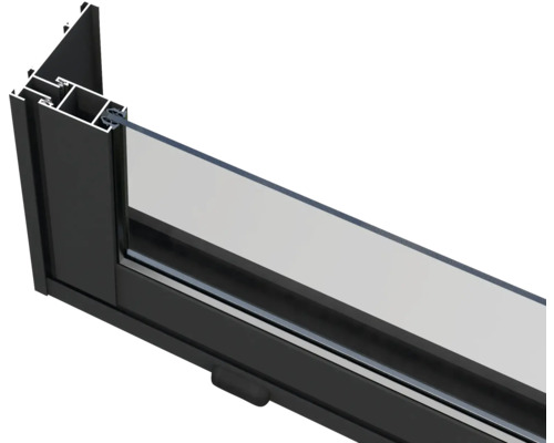 Detailansicht eines schwarzen Aluminiumfensterprofils mit Glas