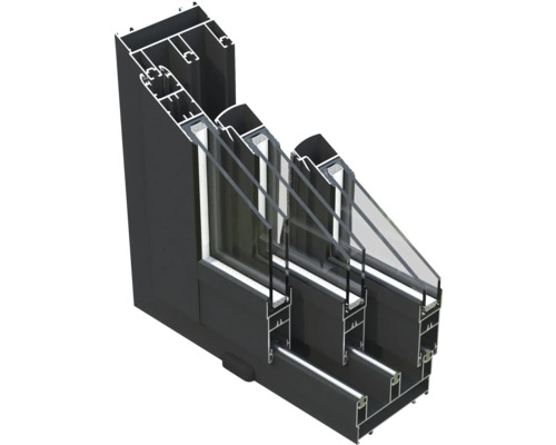 Schnittansicht eines Fensters mit Dreifachverglasung und Rahmen