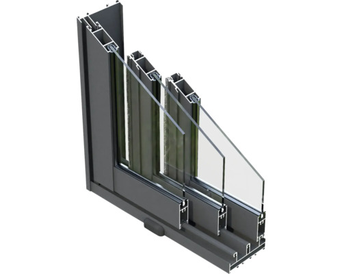 Querschnitt eines Aluminiumfensters mit Dreifachverglasung