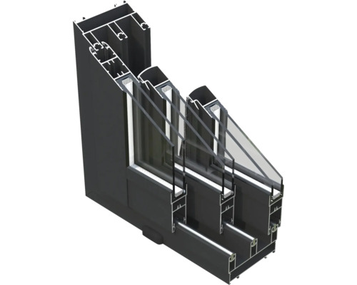 Schnittdarstellung eines Fensters mit Dreifachverglasung und Rahmen