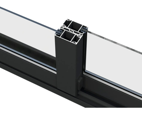 Detailansicht eines Fensters mit schwarzem Rahmen und Glas