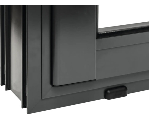 Detailansicht eines grauen Schiebefensters aus Aluminium