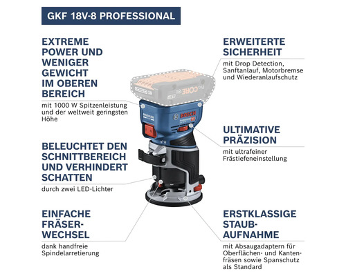 Bosch GKF 18V-8 Professional Akkufräse mit Produkteigenschaften