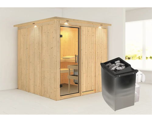 Holzsauna mit Glastür und Saunaofen