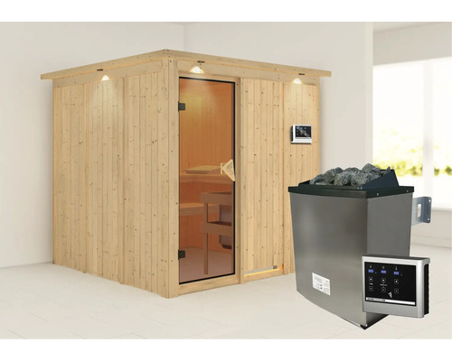 Holzsauna mit Glastür, Saunaofen und Steuerungselementen für den Innenbereich