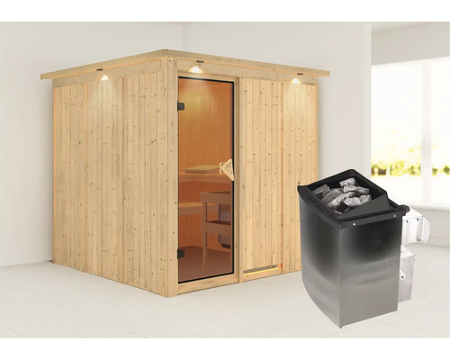 Sauna mit Saunaofen und Saunasteinen in einem hellen Raum