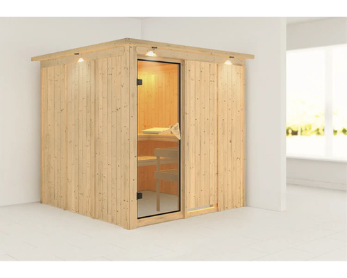 Sauna aus Holz mit Glastür und Beleuchtung