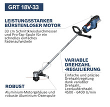 Akku-Rasentrimmer mit bürstenlosem Motor, 33 cm Schnittkreisdurchmesser und Aluminium-Motorgehäuse