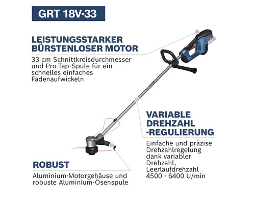 Akku-Rasentrimmer mit bürstenlosem Motor, 33 cm Schnittkreisdurchmesser und Aluminium-Motorgehäuse